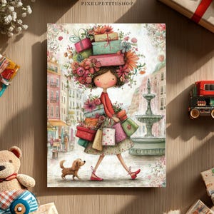 May include: A whimsical illustration depicts a woman carrying gifts and shopping bags, walking a dog on a European street. The artwork features a vibrant color palette with floral and gift box details, evoking a charming, storybook aesthetic.