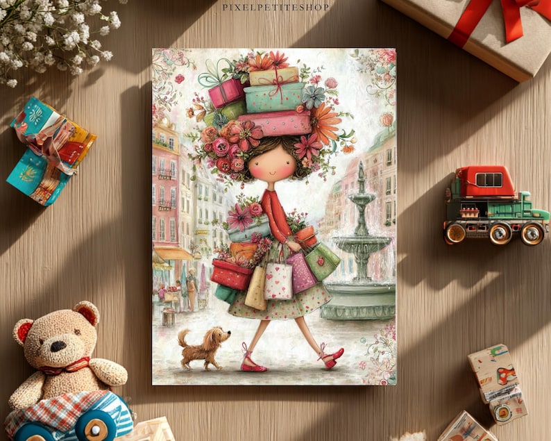 May include: A whimsical illustration depicts a woman carrying gifts and shopping bags, walking a dog on a European street. The artwork features a vibrant color palette with floral and gift box details, evoking a charming, storybook aesthetic.