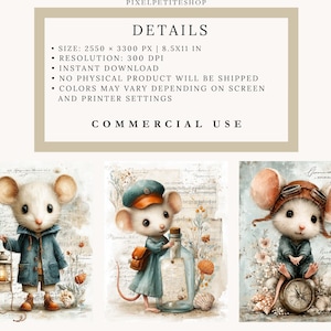 May include: Digital art print featuring three charming watercolor illustrations of anthropomorphic mice. Each mouse is dressed in vintage clothing and accessories, such as a coat, hat, and goggles. The background includes vintage script and floral elements.
