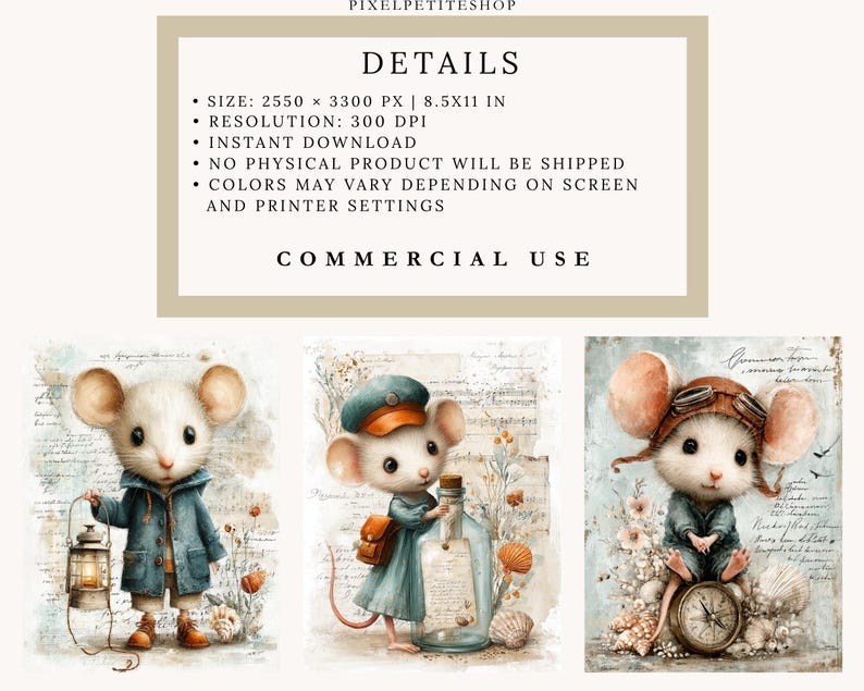 May include: Digital art print featuring three charming watercolor illustrations of anthropomorphic mice. Each mouse is dressed in vintage clothing and accessories, such as a coat, hat, and goggles. The background includes vintage script and floral elements.