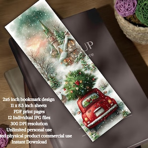 Puede incluir: Un marcap&aacute;ginas rectangular con una escena invernal con una iglesia, un &aacute;rbol de Navidad y un coche rojo. El dise&ntilde;o del marcap&aacute;ginas es de 5,08 cm x 15,24 cm. El texto incluye "2x6 inch bookmark design", "11 x 8.5 inch sheets", y "Instant Download".