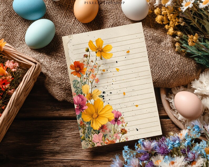 May include: A lined paper with a floral design featuring yellow, orange, and pink flowers. The paper is surrounded by Easter eggs in various colors, a woven basket, and dried flowers, all arranged on a wooden surface.