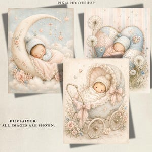 May include: Three digital illustrations featuring infants in soft pastel tones. One shows a baby on a crescent moon, another a baby in a heart-shaped pillow, and the third a baby in a vintage carriage. Text reads PIXELPETITESHOP and DISCLAIMER: NOT ALL IMAGES ARE SHOWN.