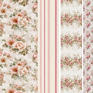 May include: A collection of floral patterned fabrics. The designs include a large-scale floral print with pink and cream flowers, a striped pattern with pink and cream stripes, and two smaller floral patterns with pink roses.