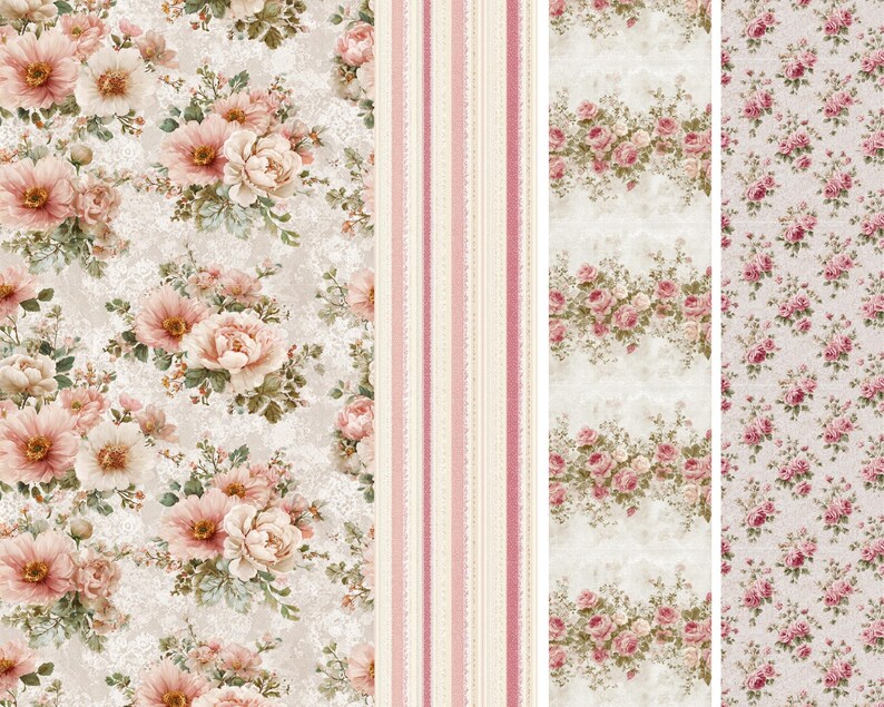 May include: A collection of floral patterned fabrics. The designs include a large-scale floral print with pink and cream flowers, a striped pattern with pink and cream stripes, and two smaller floral patterns with pink roses.