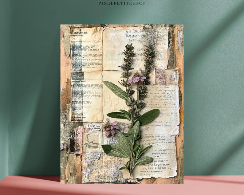 May include: A botanical art print featuring pressed sage and lavender sprigs on a collage of aged paper documents. The artwork has a rustic, vintage aesthetic with a mix of beige, green, and purple hues. The print is mounted on a wooden panel.