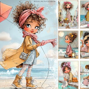 May include: A digital art print featuring a young girl with curly brown hair, wearing a yellow coat, denim shorts, and boots, holding a pink kite on a beach. The image has a watercolor style with a soft color palette and the text "PIXELPETITESHOP" at the top.