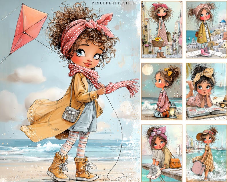 May include: A digital art print featuring a young girl with curly brown hair, wearing a yellow coat, denim shorts, and boots, holding a pink kite on a beach. The image has a watercolor style with a soft color palette and the text "PIXELPETITESHOP" at the top.