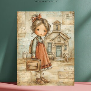 Może przedstawiać: Cyfrowa ilustracja przedstawiająca małe dziecko z dużą kokardą we włosach, ubrane w sukienkę w kolorze rdzy i trzymające brązową torbę. Tło przedstawia budynek szkoły z wieżą na tle tekstury przypominającej stary papier.