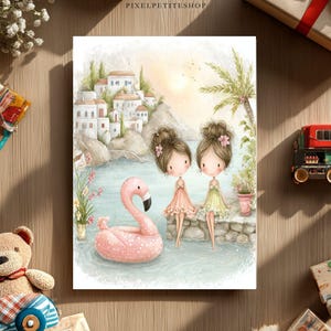 May include: A watercolor illustration depicts two young girls in dresses, standing near a body of water with a pink flamingo float. The background shows a coastal town with white buildings, palm trees, and a sunset.