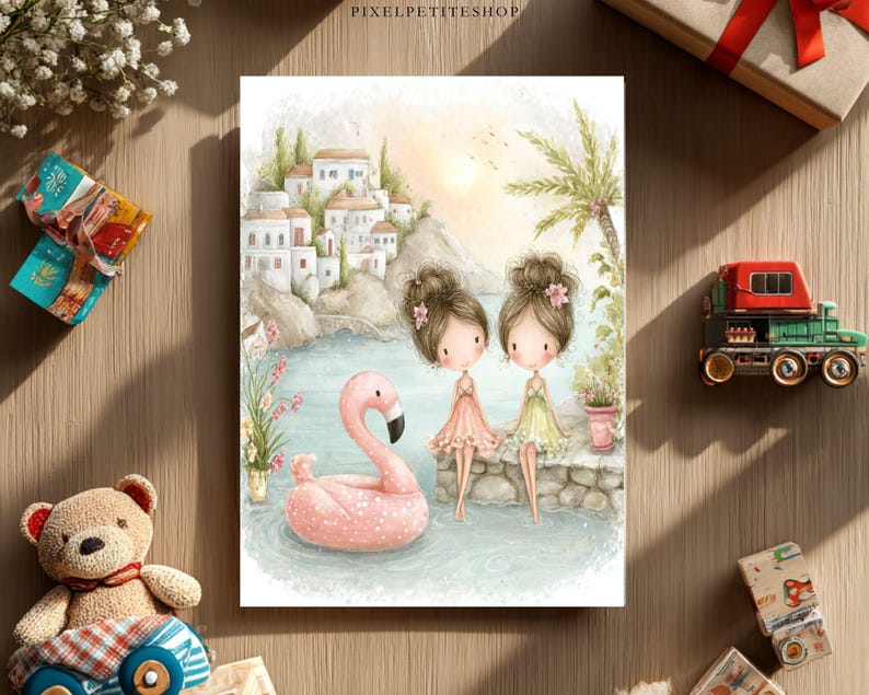 May include: A watercolor illustration depicts two young girls in dresses, standing near a body of water with a pink flamingo float. The background shows a coastal town with white buildings, palm trees, and a sunset.