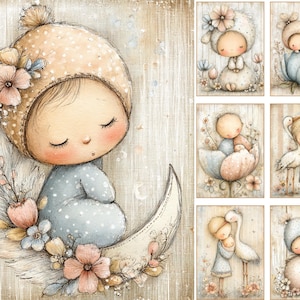 May include: A collection of seven digital illustrations featuring characters in soft pastel tones. The main image shows a figure in a polka-dot outfit and a pom-pom hat sitting on a crescent moon surrounded by flowers and a large feather.
