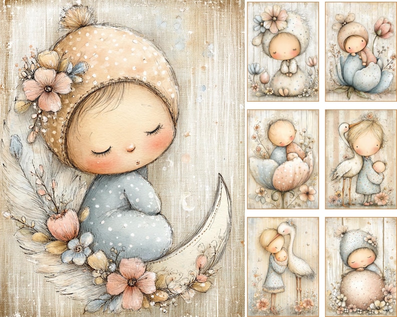 May include: A collection of seven digital illustrations featuring characters in soft pastel tones. The main image shows a figure in a polka-dot outfit and a pom-pom hat sitting on a crescent moon surrounded by flowers and a large feather.