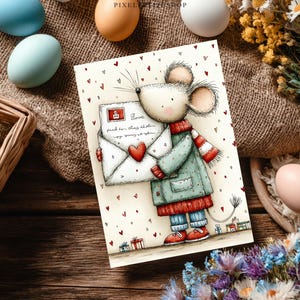 May include: A charming illustration of a mouse clutching a letter with a red heart. The mouse is dressed in a green coat, a red scarf, and red shoes. The background features small red hearts and gift boxes. The text on the letter reads "Love".