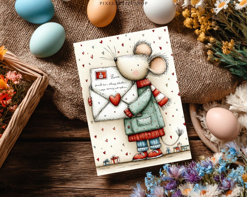 May include: A charming illustration of a mouse clutching a letter with a red heart. The mouse is dressed in a green coat, a red scarf, and red shoes. The background features small red hearts and gift boxes. The text on the letter reads "Love".