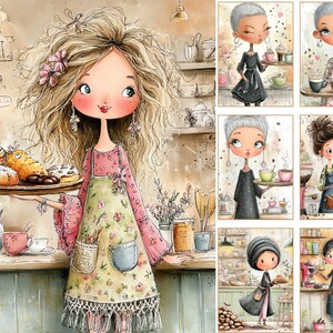 Puede incluir: Una colecci&oacute;n de ilustraciones digitales con personajes estilizados en un entorno de cafeter&iacute;a. La imagen principal muestra a una persona con cabello rubio usando un delantal floral, sosteniendo una bandeja de pasteles. Seis paneles m&aacute;s peque&ntilde;os representan varias escenas de personas sirviendo caf&eacute; y comida en una cocina o panader&iacute;a.