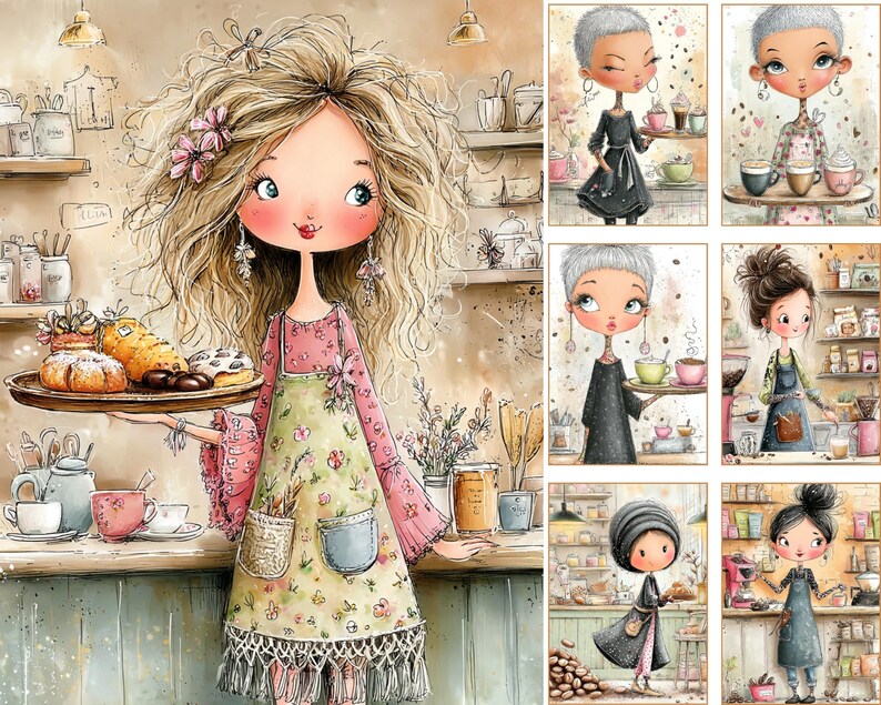 Puede incluir: Una colecci&oacute;n de ilustraciones digitales con personajes estilizados en un entorno de cafeter&iacute;a. La imagen principal muestra a una persona con cabello rubio usando un delantal floral, sosteniendo una bandeja de pasteles. Seis paneles m&aacute;s peque&ntilde;os representan varias escenas de personas sirviendo caf&eacute; y comida en una cocina o panader&iacute;a.