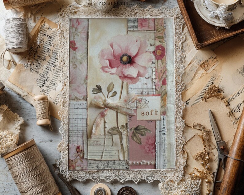 May include: A vintage-style floral art print featuring a large pink poppy with a dark center. The artwork is framed with lace and includes the word "soft". The background incorporates aged paper and musical notes, with spools of twine and vintage accessories.