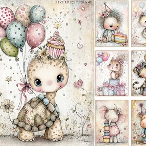 Puede incluir: Ilustraci&oacute;n en acuarela de una linda tortuga con globos y una magdalena en la cabeza. La imagen tiene una paleta de colores pastel suaves con ilustraciones adicionales de animales celebrando cumplea&ntilde;os, incluyendo un erizo, un patito, una ardilla, un tigre, un elefante y un hipop&oacute;tamo.