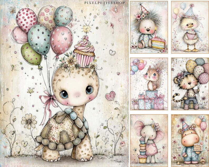 Puede incluir: Ilustraci&oacute;n en acuarela de una linda tortuga con globos y una magdalena en la cabeza. La imagen tiene una paleta de colores pastel suaves con ilustraciones adicionales de animales celebrando cumplea&ntilde;os, incluyendo un erizo, un patito, una ardilla, un tigre, un elefante y un hipop&oacute;tamo.