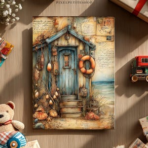 May include: A watercolor painting of a beach hut with a blue door, a life preserver, and fishing nets. The artwork has a vintage aesthetic, with a sandy beach and ocean in the background. The painting is surrounded by decorative items.