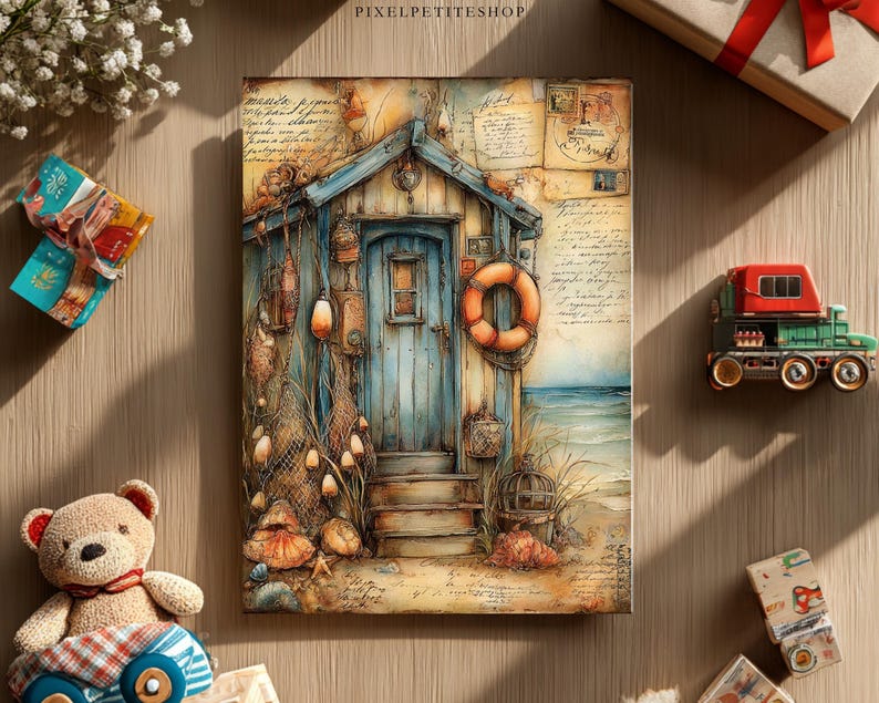 May include: A watercolor painting of a beach hut with a blue door, a life preserver, and fishing nets. The artwork has a vintage aesthetic, with a sandy beach and ocean in the background. The painting is surrounded by decorative items.