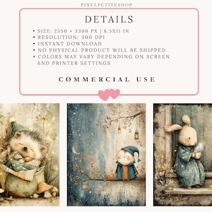 May include: Digital art print featuring three whimsical illustrations. One shows a sleeping hedgehog in a cozy nest, another depicts a character on a branch with lanterns, and the last one is a bunny holding a cup. The text says "DETAILS" and "COMMERCIAL USE".