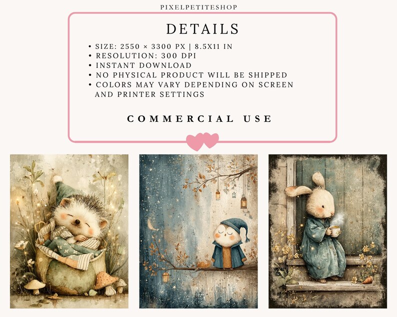 May include: Digital art print featuring three whimsical illustrations. One shows a sleeping hedgehog in a cozy nest, another depicts a character on a branch with lanterns, and the last one is a bunny holding a cup. The text says "DETAILS" and "COMMERCIAL USE".