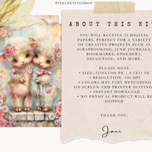 K&ouml;nnte beinhalten: Digitales Kunst-Kit mit zwei entz&uuml;ckenden Schafen mit floralen Akzenten. Das Bild enth&auml;lt Text, der den Inhalt des Kits beschreibt, einschlie&szlig;lich digitaler Papiere, Gr&ouml;&szlig;e und Aufl&ouml;sung. F&uuml;r kreative Projekte.