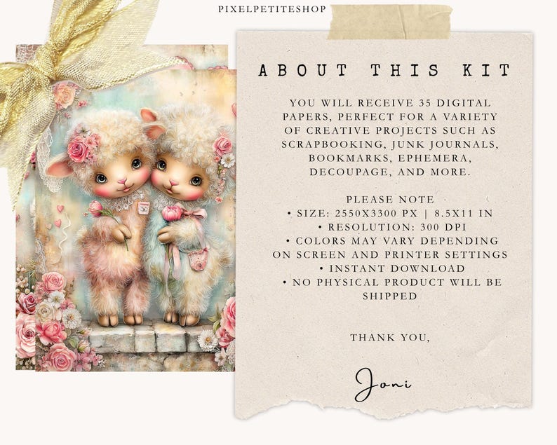 K&ouml;nnte beinhalten: Digitales Kunst-Kit mit zwei entz&uuml;ckenden Schafen mit floralen Akzenten. Das Bild enth&auml;lt Text, der den Inhalt des Kits beschreibt, einschlie&szlig;lich digitaler Papiere, Gr&ouml;&szlig;e und Aufl&ouml;sung. F&uuml;r kreative Projekte.