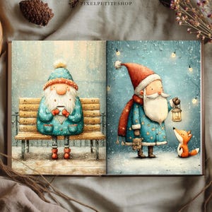 May include: An open book displaying two illustrations of bearded gnomes in winter settings. The left page shows a gnome on a wooden bench holding a mug. The right page shows a gnome with a lantern and a small fox in a snowy scene with lights.