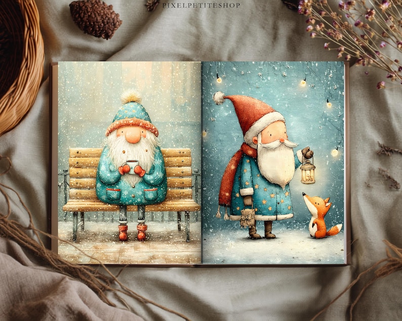 May include: An open book displaying two illustrations of bearded gnomes in winter settings. The left page shows a gnome on a wooden bench holding a mug. The right page shows a gnome with a lantern and a small fox in a snowy scene with lights.