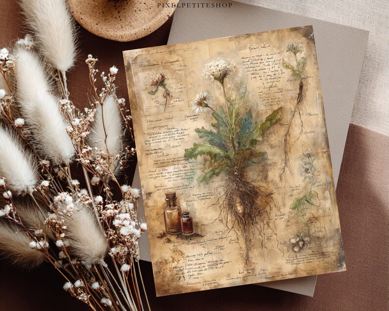 May include: Vintage botanical print showing a detailed drawing of a plant with roots, flowers, and leaves, with handwritten notes. Two small glass bottles are at the bottom. The print has an aged appearance with the text "PIXIEPETITESHOP" at the top.