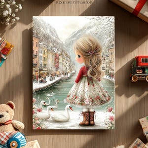 May include: A decorative print featuring a young girl in a winter scene, with a river, swans, and a town in the background. The girl wears a red top and floral dress. A teddy bear, toy train, and wrapped gift are also visible.