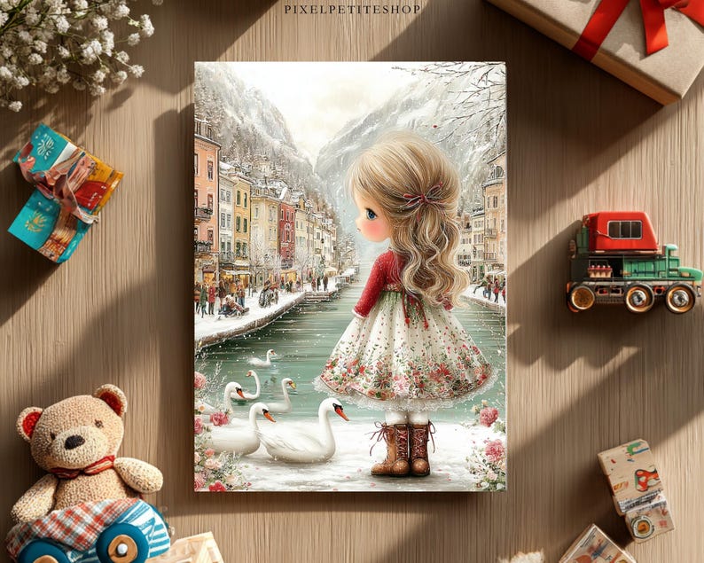 May include: A decorative print featuring a young girl in a winter scene, with a river, swans, and a town in the background. The girl wears a red top and floral dress. A teddy bear, toy train, and wrapped gift are also visible.