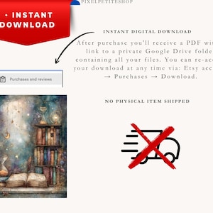 May include: A digital download listing featuring a fantasy illustration of a bookshelf, an open book, and an hourglass. Text includes INSTANT DOWNLOAD, NO PHYSICAL ITEM SHIPPED, and instructions for accessing files via a Google Drive link after purchase.