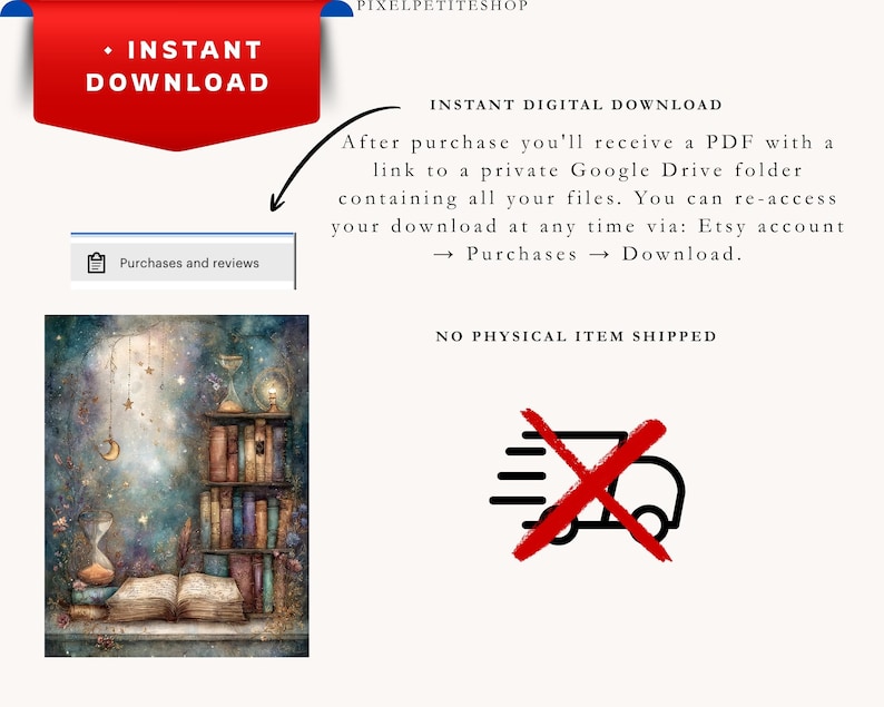 May include: A digital download listing featuring a fantasy illustration of a bookshelf, an open book, and an hourglass. Text includes INSTANT DOWNLOAD, NO PHYSICAL ITEM SHIPPED, and instructions for accessing files via a Google Drive link after purchase.