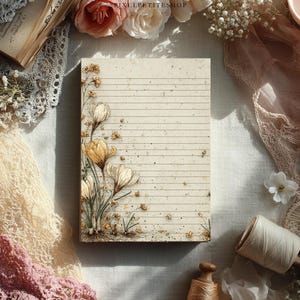 May include: A lined notepad with a vintage aesthetic. The paper has a cream color with a floral illustration of yellow and white flowers on the left side. The notepad is surrounded by lace, flowers, and other vintage items.