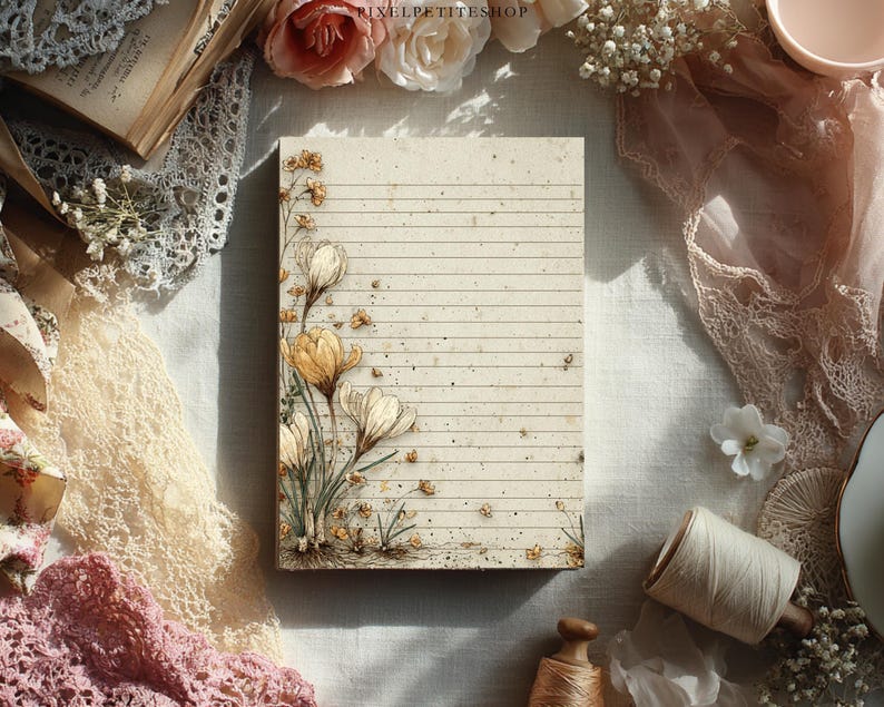 May include: A lined notepad with a vintage aesthetic. The paper has a cream color with a floral illustration of yellow and white flowers on the left side. The notepad is surrounded by lace, flowers, and other vintage items.
