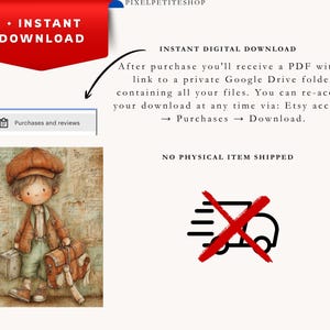 Może przedstawiać: Cyfrowy plik do pobrania z ilustracją akwarelową przedstawiającą dziecko w brązowej czapce, kurtce i szortach, niosące walizkę i torbę. Tekst zawiera INSTANT DOWNLOAD, NO PHYSICAL ITEM SHIPPED oraz instrukcje dotyczące dostępu do plik&oacute;w.