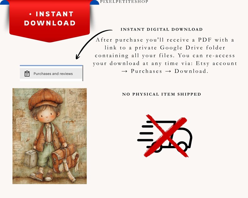 Może przedstawiać: Cyfrowy plik do pobrania z ilustracją akwarelową przedstawiającą dziecko w brązowej czapce, kurtce i szortach, niosące walizkę i torbę. Tekst zawiera INSTANT DOWNLOAD, NO PHYSICAL ITEM SHIPPED oraz instrukcje dotyczące dostępu do plik&oacute;w.