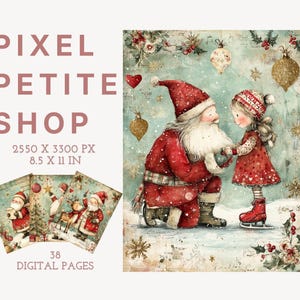 May include: A digital download set from Pixel Petite Shop featuring 38 pages, 2550 x 3300 px, 8.5 x 11 in. The main illustration shows Santa Claus kneeling on ice, handing a gift to a young child wearing a red dress and ice skates, surrounded by gold ornaments, snowflakes, and holly.