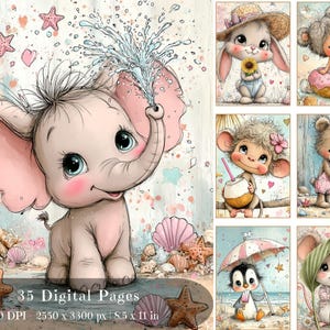 Digitale dierenpagina's zomerstrand | Junkjournaal en plakboeken (digitale download)