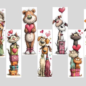 May include: Whimsical illustrations of various animals, including dogs, cats, and a bear, holding hearts and gifts. The artwork features a cartoon style with vibrant colors and heart-shaped balloons, perfect for Valentine's Day or a gift for a loved one.