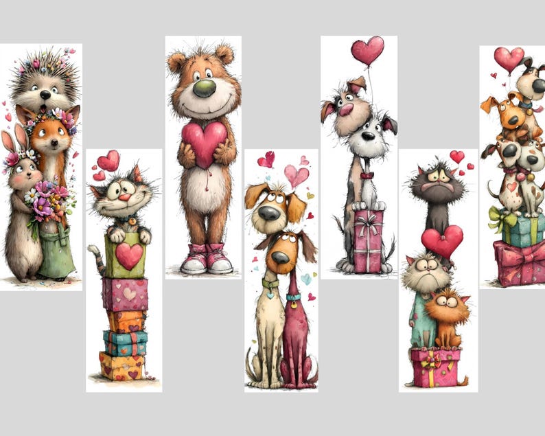 May include: Whimsical illustrations of various animals, including dogs, cats, and a bear, holding hearts and gifts. The artwork features a cartoon style with vibrant colors and heart-shaped balloons, perfect for Valentine's Day or a gift for a loved one.