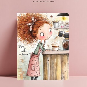 Puede incluir: Una ilustraci&oacute;n caprichosa de una persona con voluminoso cabello rojo rizado que lleva un delantal rosa estampado y una camisa verde, de pie ante un mostrador de madera. Una cafetera vierte l&iacute;quido en una taza. El texto dice i love coffee... so much!
