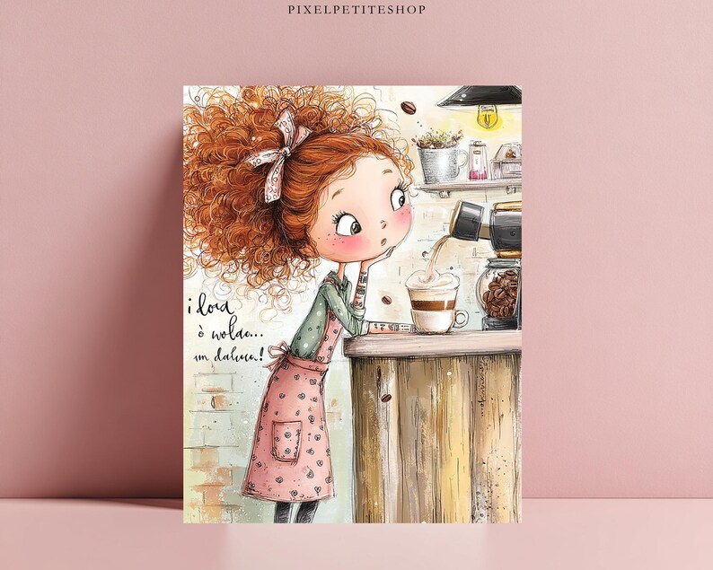 Puede incluir: Una ilustraci&oacute;n caprichosa de una persona con voluminoso cabello rojo rizado que lleva un delantal rosa estampado y una camisa verde, de pie ante un mostrador de madera. Una cafetera vierte l&iacute;quido en una taza. El texto dice i love coffee... so much!