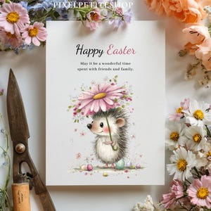 May include: A greeting card with the text "Happy Easter" and a watercolor illustration of a hedgehog holding a flower umbrella. The card is surrounded by flowers and a pair of vintage scissors.
