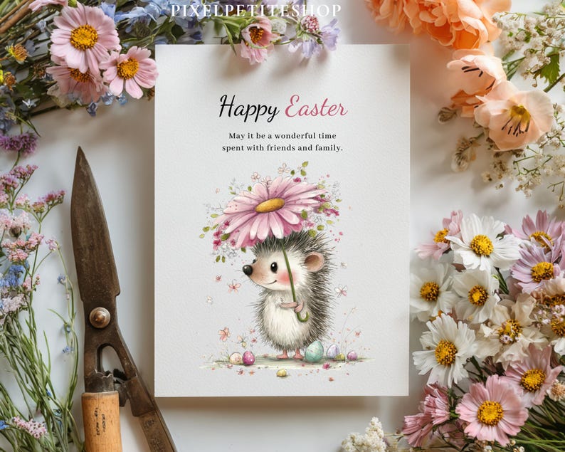 May include: A greeting card with the text "Happy Easter" and a watercolor illustration of a hedgehog holding a flower umbrella. The card is surrounded by flowers and a pair of vintage scissors.