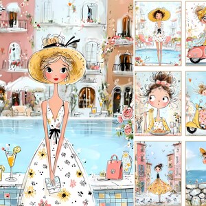 May include: A collection of six digital illustrations featuring stylized characters in various settings, including a pool scene with a floral dress, a person on a pink scooter, a person eating pasta, a couple on a yellow scooter, and coastal views.